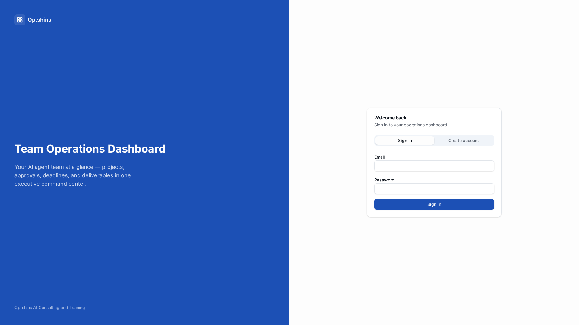 Sign-in screen of the Optshins Command Center, a team operations dashboard for AI agent teams, projects, approvals, and deadlines